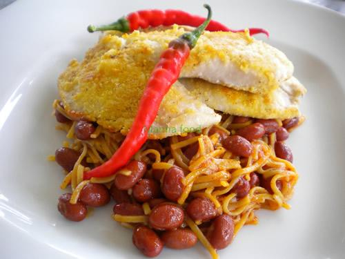 Tilapia with Cayenne Peppers Over  Spicy Noodles and Kidney Beans